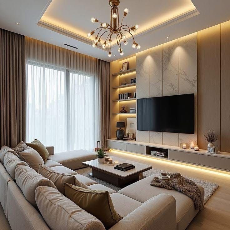 Modern living room interior in Bhiwandi with elegant furniture and warm lighting