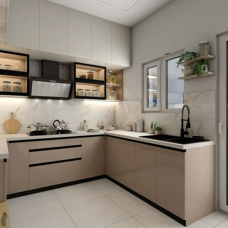 Modern modular kitchen manufacturing in Kasheli with stylish cabinets